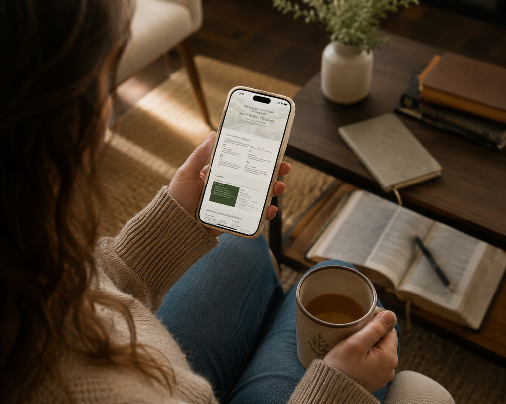 Woman studying the Bible Study Companion on her phone