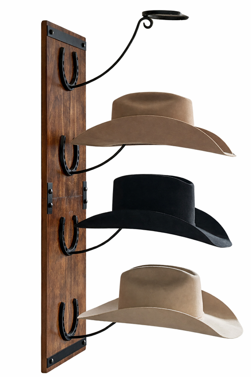 Handcrafted cowboy hat rack with three hats displayed